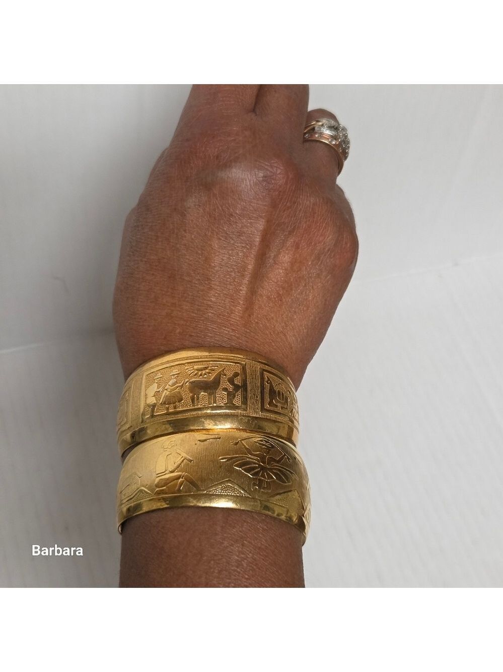 2 Piece Gold-tone Engraved Egyptian/Mayan Motifs Half Cuff Bracelets